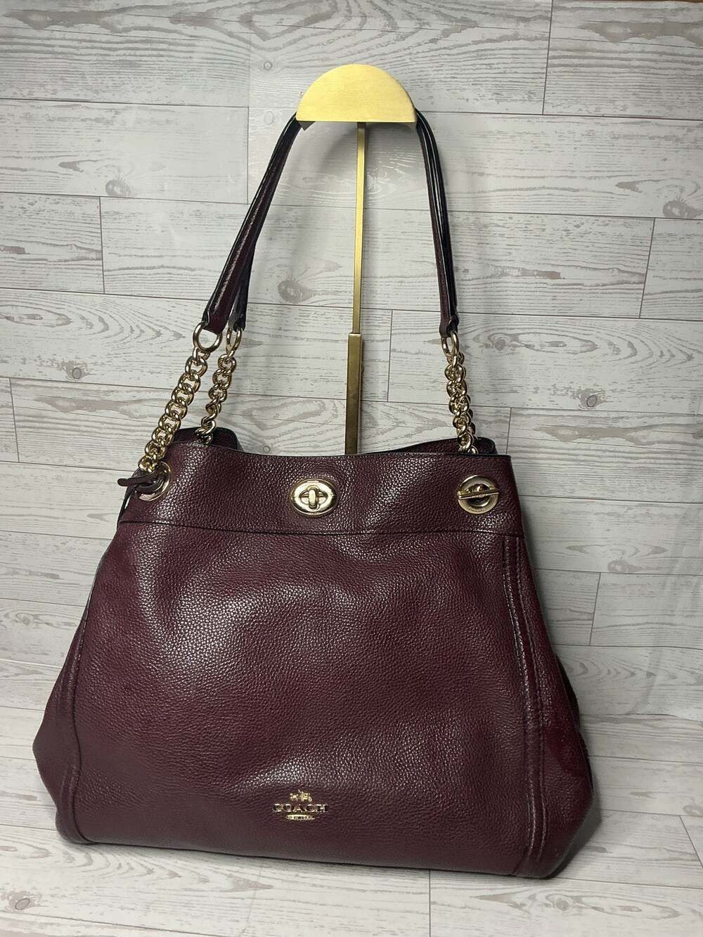Coach Edie Turnlock Shoulder Bag Burgundy Oxblood Pebbled Leather Gold Chain